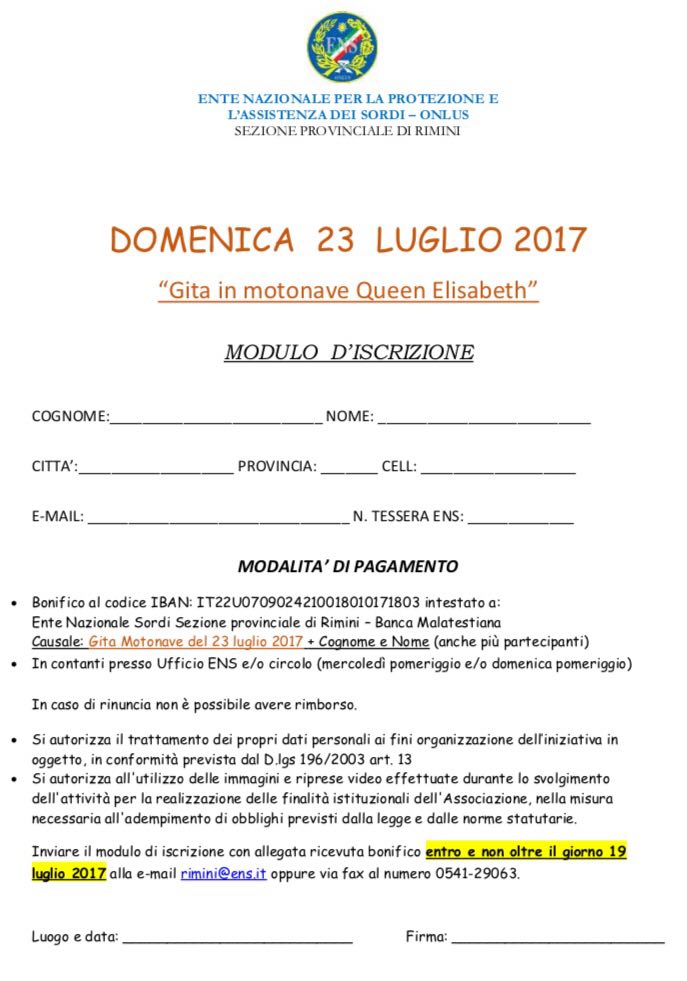 Prot. 098 Modulo iscrizione Gita Motonave Queen Elisabeth 23 07 2017